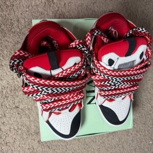 Lanvin Red, White and Black High-Top Sneakers with Zigzag Laces